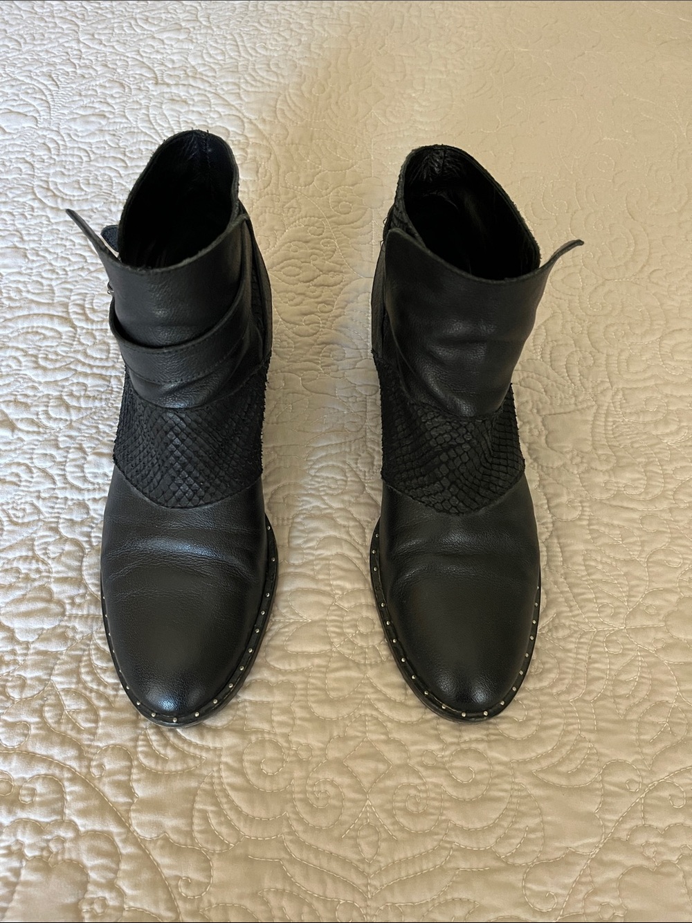 Freda Salvador Black Leather Ankle Booties with Stud Trim